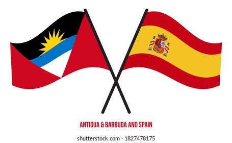 Antigua & Barbuda and Spain Flags Crossed & Waving Flat Style. Official Proportion. Correct Colors.