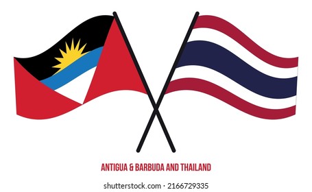 Antigua  Barbuda and Thailand Flags Crossed  Waving Flat Style. Official Proportion. Correct Colors.