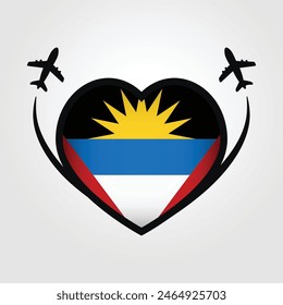 Antigua and Barbuda Travel Heart Flag With Airplane Icons