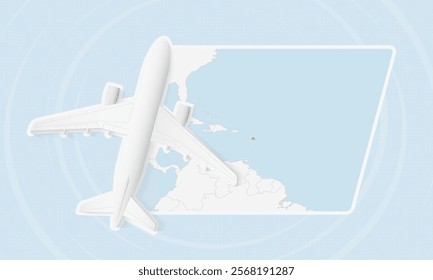 Antigua and Barbuda Travel Illustration with Plane and National Flag. Ideal for travel agencies, promotional materials, or geographic content related to Antigua and Barbuda.