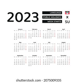 Antigua and Barbuda vector calendar graphic design for 2023. Week starts from Sunday. English language.