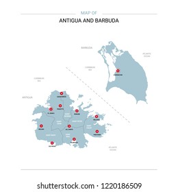 Antigua and Barbuda vector map. Editable template with regions, cities, red pins and blue surface on white background. 