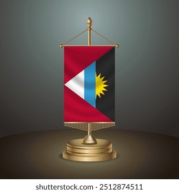 Antigua and Barbuda Vertical table flag with golden pole of Antigua and Barbuda on dark  gradient background, Template banner vector  Illustration