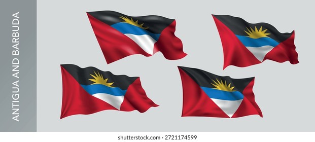 Antigua und Barbuda schwenkende Fahne Satz von Vektorgrafik. Orange weißes Grün der Antiguan wellige realistische Flagge als patriotisches Symbol