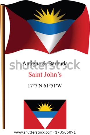 antigua and barbuda wavy flag and coordinates against white background, vector art illustration, image contains transparency