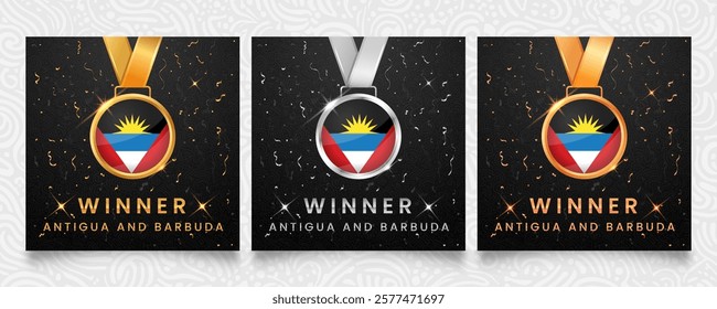 Antigua and Barbuda Winner set. Medals featuring the flag design, displayed on a dark background with gold and silver confetti accents and sparkling highlights.