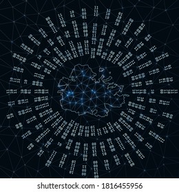 Antigua digital map. Binary rays radiating around glowing island. Internet connections and data exchange design. Vector illutration.