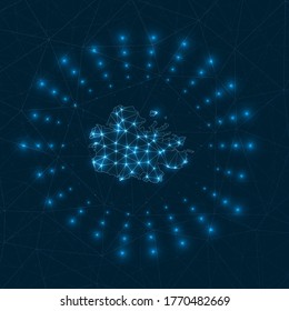 Antigua digitale Karte. Lichtstrahlen, die von der Insel ausstrahlen. Netzanschlüsse und Telekommunikations-Design. Vektorgrafik.
