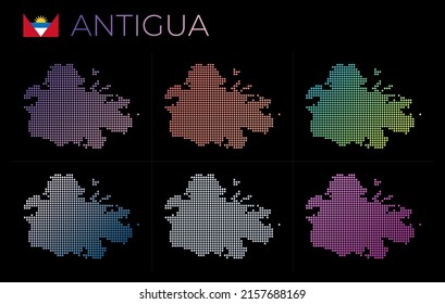 Mapa de puntos de Antigua. Mapa de Antigua en estilo punteado. Las fronteras de la isla están llenas de hermosos círculos de gradientes lisos. Auténtica ilustración vectorial.