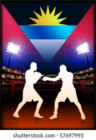 Antigua Flag with Boxer on Stadium Background Original Illustration