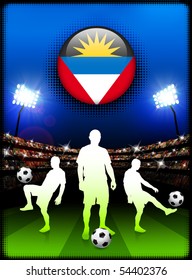 Antigua Flag Button with Soccer Match in Stadium Original Illustration
