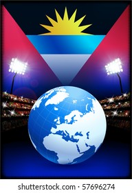 Antigua-Flagge mit Globe auf Stadionhintergrund - Originalillustration