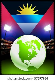 Antigua Flag with Globe on Stadium Background Original Illustration