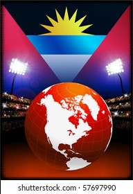 Antigua Flag with Globe on Stadium Background Original Illustration