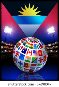 Antigua Flag with Globe on Stadium Background Original Illustration