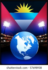 Antigua Flag with Globe on Stadium Background Original Illustration