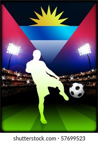 Antigua Flag with Soccer Player on Stadium Background Original Illustration