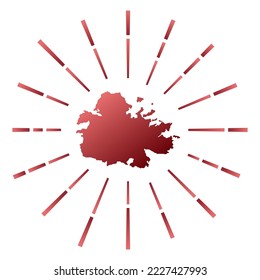 Estallido de sol grandioso en Antigua. Mapa de la isla con coloridos rayos estelares. Ilustración de Antigua en digital, tecnología, internet, estilo de red. Ilustración vectorial.