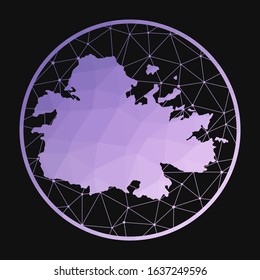 Antigua icon. Vector polygonal map of the island. Antigua icon in geometric style. The island map with purple low poly gradient on dark background.