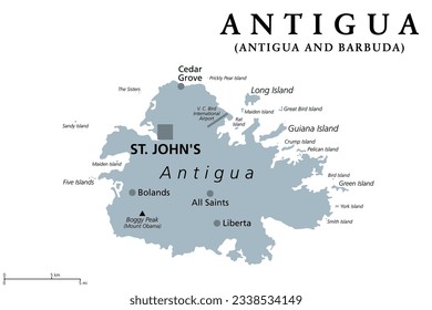 Antigua, island in the Lesser Antilles, gray political map. One of the Leeward Islands in the Caribbean region, and most populous island of the country of Antigua and Barbuda, with capital St. John's.