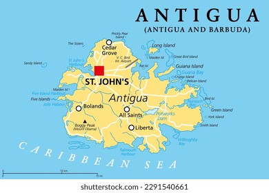 Antigua, island in the Lesser Antilles, political map. One of the Leeward Islands in the Caribbean region, and the most populous island of the country of Antigua and Barbuda, with capital St. Johns.