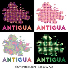 Antigua map. Collection of maps of Antigua in dotted style. Borders of the island filled with rectangles for your design. Vector illustration.
