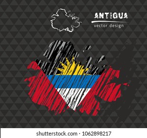 Antigua map with flag inside on the black background. Chalk sketch vector illustration