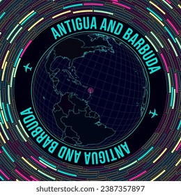 Antigua on globe. Satelite view of the world centered to Antigua. Bright neon style. Futuristic radial bricks background. Artistic vector illustration.