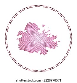 Antigua round logo. Digital style shape of Antigua in dotted circle with island name. Tech icon of the island with gradiented dots. Captivating vector illustration.