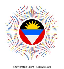 Antigua sign. Country flag with colorful rays. Radiant sunburst with Antigua flag. Vector illustration.