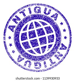 ANTIGUA stamp print with distress texture. Blue vector rubber seal print of ANTIGUA text with corroded texture. Seal has words arranged by circle and planet symbol.