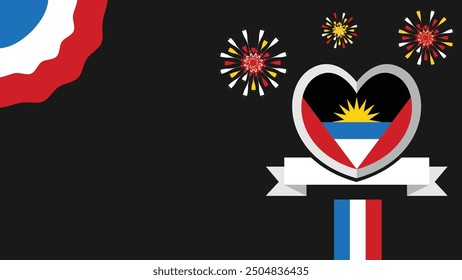 Antigua vector banner design illustration with flag colors, geometric shapes and typography. fireworks and ribbon elements.