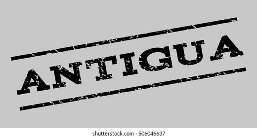Antigua watermark stamp. Text Caption between parallel lines with grunge design style. Rubber seal stamp with dust texture. Vector black color ink imprint on a silver gray background.