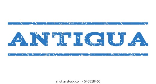 Antigua watermark stamp. Text caption between horizontal parallel lines with grunge design style. Rubber seal stamp with scratched texture. Vector smooth blue color ink imprint on a white background.