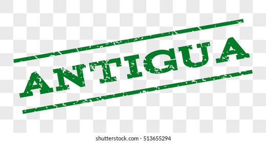 Antigua watermark stamp. Text tag between parallel lines with grunge design style. Rubber seal stamp with dust texture. Vector green color ink imprint on a chess transparent background.