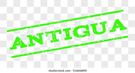 Antigua watermark stamp. Text tag between parallel lines with grunge design style. Rubber seal stamp with dirty texture. Vector light green color ink imprint on a chess transparent background.