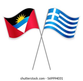 Antiguan and Greek crossed flags. Antigua and Barbuda combined with Greece isolated on white. Language learning, international business or travel concept.