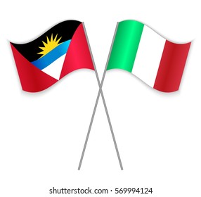 Antiguan and Italian crossed flags. Antigua and Barbuda combined with Italy isolated on white. Language learning, international business or travel concept.