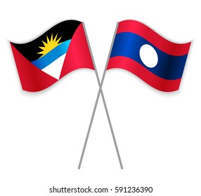 Antiguan and Laotian crossed flags. Antigua and Barbuda combined with Laos isolated on white. Language learning, international business or travel concept.