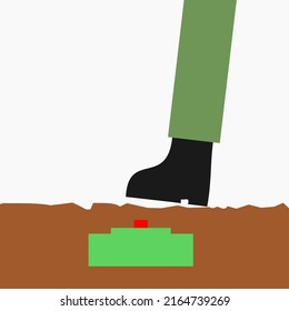 anti-infantry landmines. Be at surface ground level. Illustration of footsteps about to step on mines. illustration of how mines work. land mine
