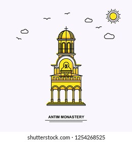 ANTIM MONASTERY Monument Poster Template. World Travel Yellow illustration Background in Line Style with beauture nature Scene