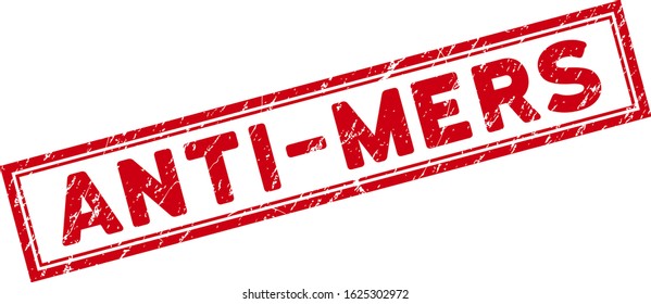 Anti-Mers rectangular framed watermark. Red vector rectangular scratched watermark with Anti-Mers phrase inside rectangular double border. Useful for rubber imitations with corroded rubber texture.