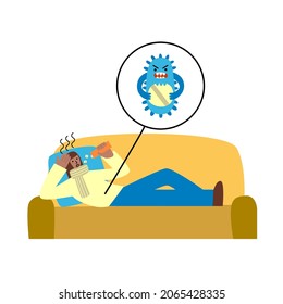 Antimicrobial resistance concept. Ill woman with fever eat antibiotic pills. Bad superbug live inside her. Flat illustration of bacteria resistance. Medical design. 