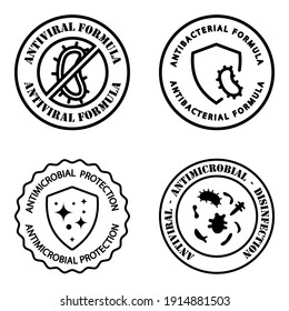 Antimicrobial Resistant Badges. Antiviral And Antimicrobial Formula. Clean Hygiene Label. Illustration With Antiviral Protection For Medical Design. Antibacterial Shield. Vector Outline Illustration