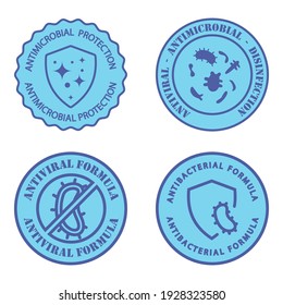 Antimicrobial resistant badges. Antiviral and antimicrobial formula. Clean hygiene label. Illustration with antiviral protection for medical design. Antibacterial shield. Vector illustration