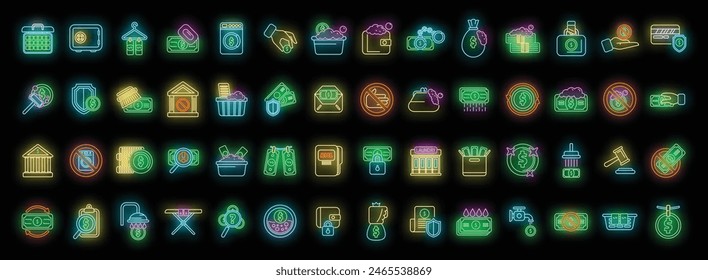 Anti-money laundry icons set outline vector. Bank money. Crime fraud neon color on black