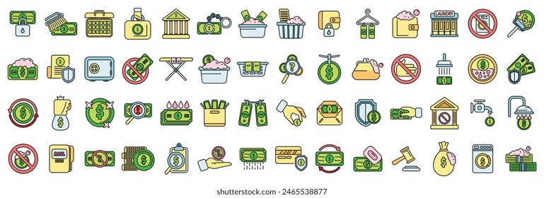 Anti-money laundry icons set outline vector. Bank money. Crime fraud thin line color flat on white