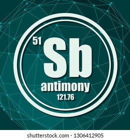 Antimony chemical element. Sign with atomic number and atomic weight. Chemical element of periodic table. Molecule And Communication Background. Connected lines with dots.