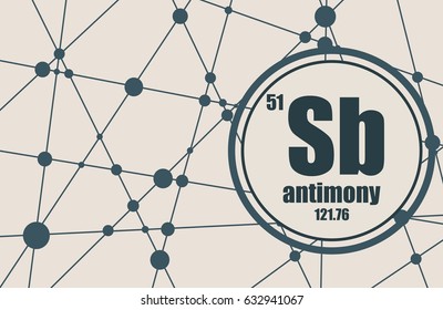 Antimony chemical element. Sign with atomic number and atomic weight. Chemical element of periodic table. Molecule And Communication Background. Connected lines with dots.