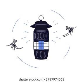Anti-mosquito zapper with protective UV light. Insect killer lamp for bites protection. Portable electric lantern, repellent device, trap. Flat vector illustration isolated on white background